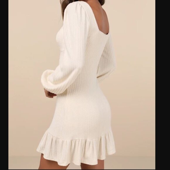 NWOT Lulus Coveted Sweetness Cream Pointelle Knit Long Sleeve Mini Dress Size L - Picture 3 of 4